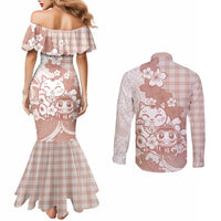 Beige Palaka Hawaiian And Japanese Couples Matching Mermaid Dress and Long Sleeve Button Shirt Maneki Neko And Sakura Bloom DT05 - Polynesian Pride