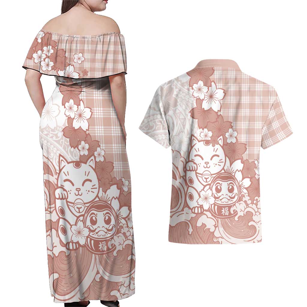 Beige Palaka Hawaiian And Japanese Couples Matching Off Shoulder Maxi Dress and Hawaiian Shirt Maneki Neko And Sakura Bloom DT05 - Polynesian Pride