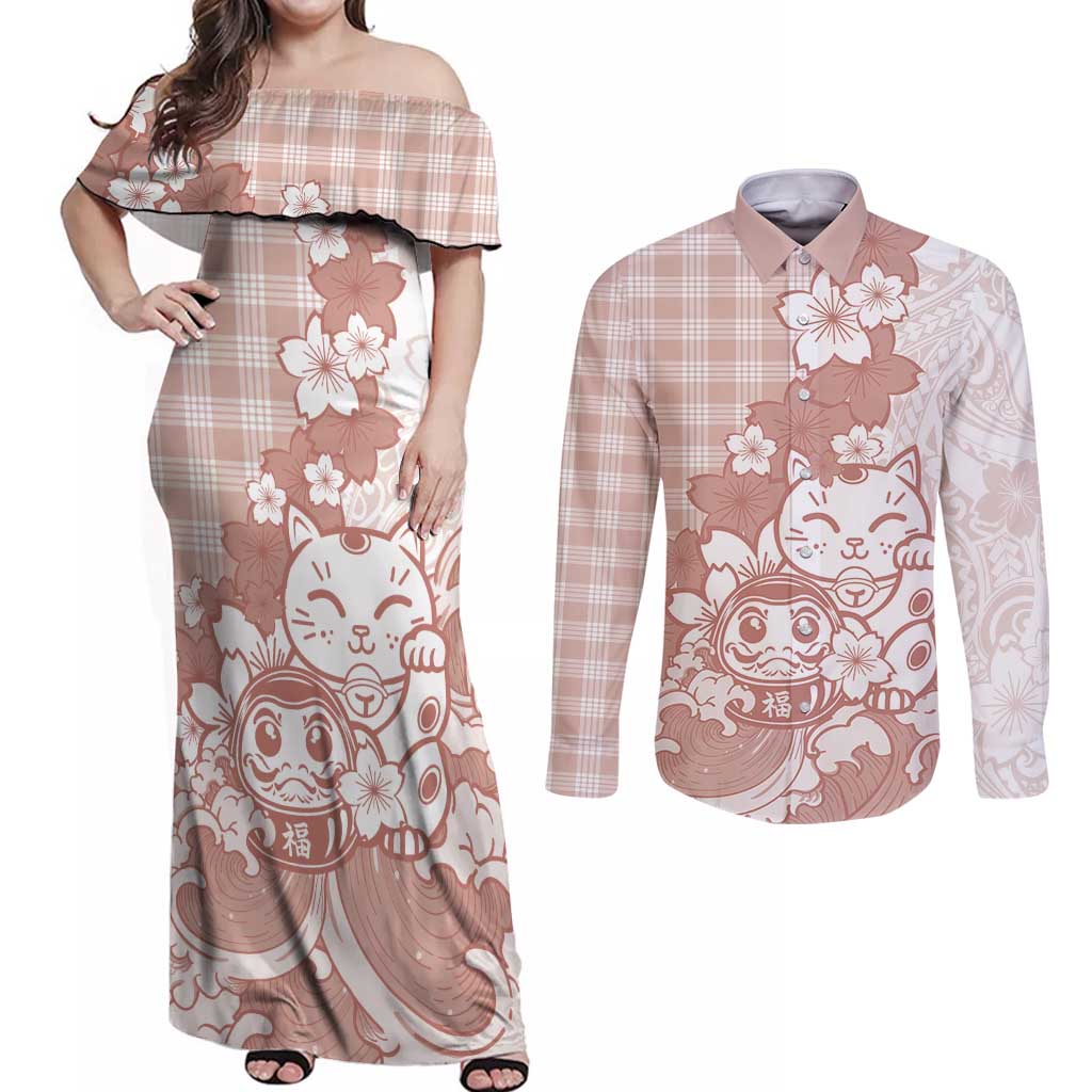 Beige Palaka Hawaiian And Japanese Couples Matching Off Shoulder Maxi Dress and Long Sleeve Button Shirt Maneki Neko And Sakura Bloom DT05 Beige - Polynesian Pride