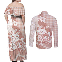 Beige Palaka Hawaiian And Japanese Couples Matching Off Shoulder Maxi Dress and Long Sleeve Button Shirt Maneki Neko And Sakura Bloom DT05 - Polynesian Pride