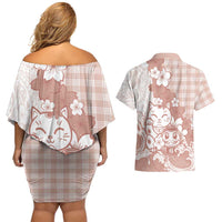 Beige Palaka Hawaiian And Japanese Couples Matching Off Shoulder Short Dress and Hawaiian Shirt Maneki Neko And Sakura Bloom DT05 - Polynesian Pride