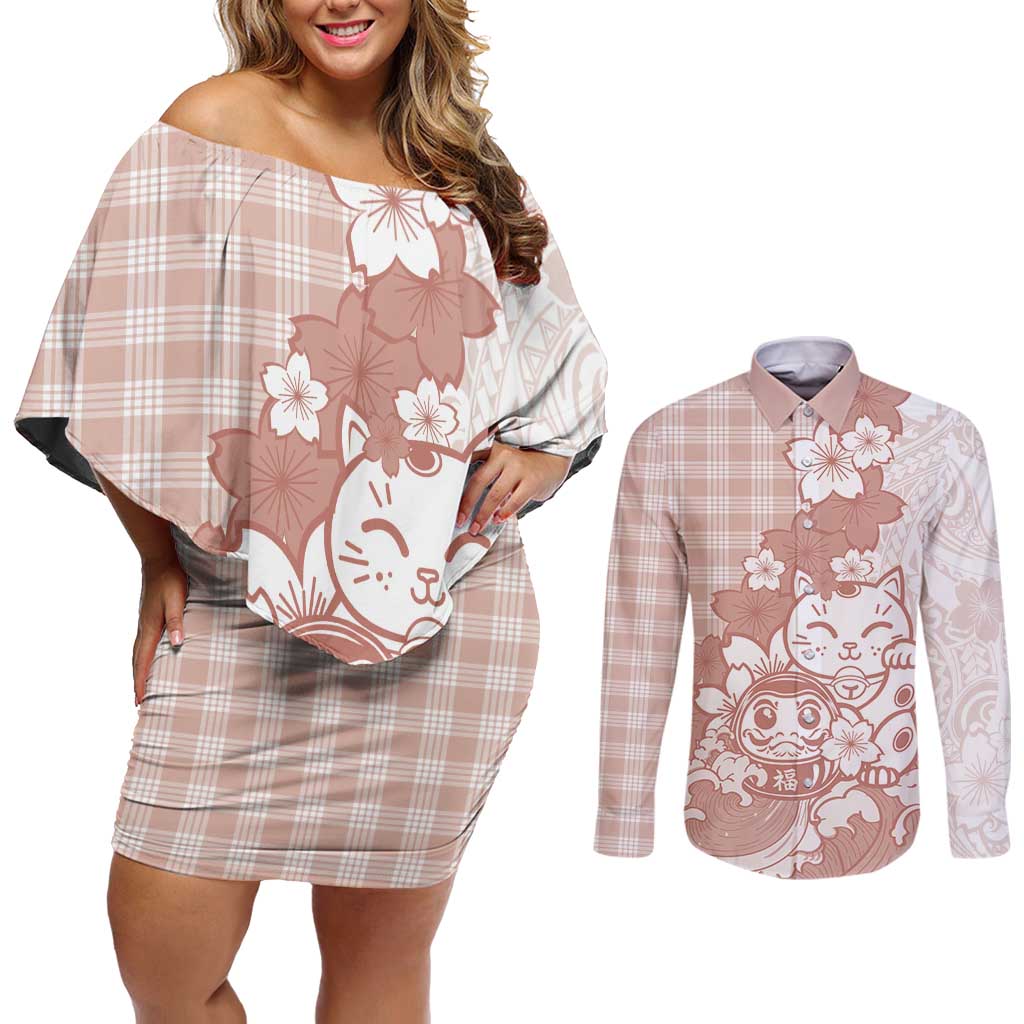 Beige Palaka Hawaiian And Japanese Couples Matching Off Shoulder Short Dress and Long Sleeve Button Shirt Maneki Neko And Sakura Bloom DT05 Beige - Polynesian Pride