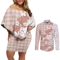 Beige Palaka Hawaiian And Japanese Couples Matching Off Shoulder Short Dress and Long Sleeve Button Shirt Maneki Neko And Sakura Bloom DT05 Beige - Polynesian Pride