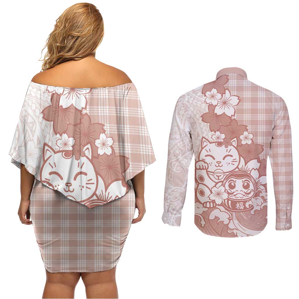 Beige Palaka Hawaiian And Japanese Couples Matching Off Shoulder Short Dress and Long Sleeve Button Shirt Maneki Neko And Sakura Bloom DT05 - Polynesian Pride