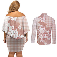 Beige Palaka Hawaiian And Japanese Couples Matching Off Shoulder Short Dress and Long Sleeve Button Shirt Maneki Neko And Sakura Bloom DT05 - Polynesian Pride