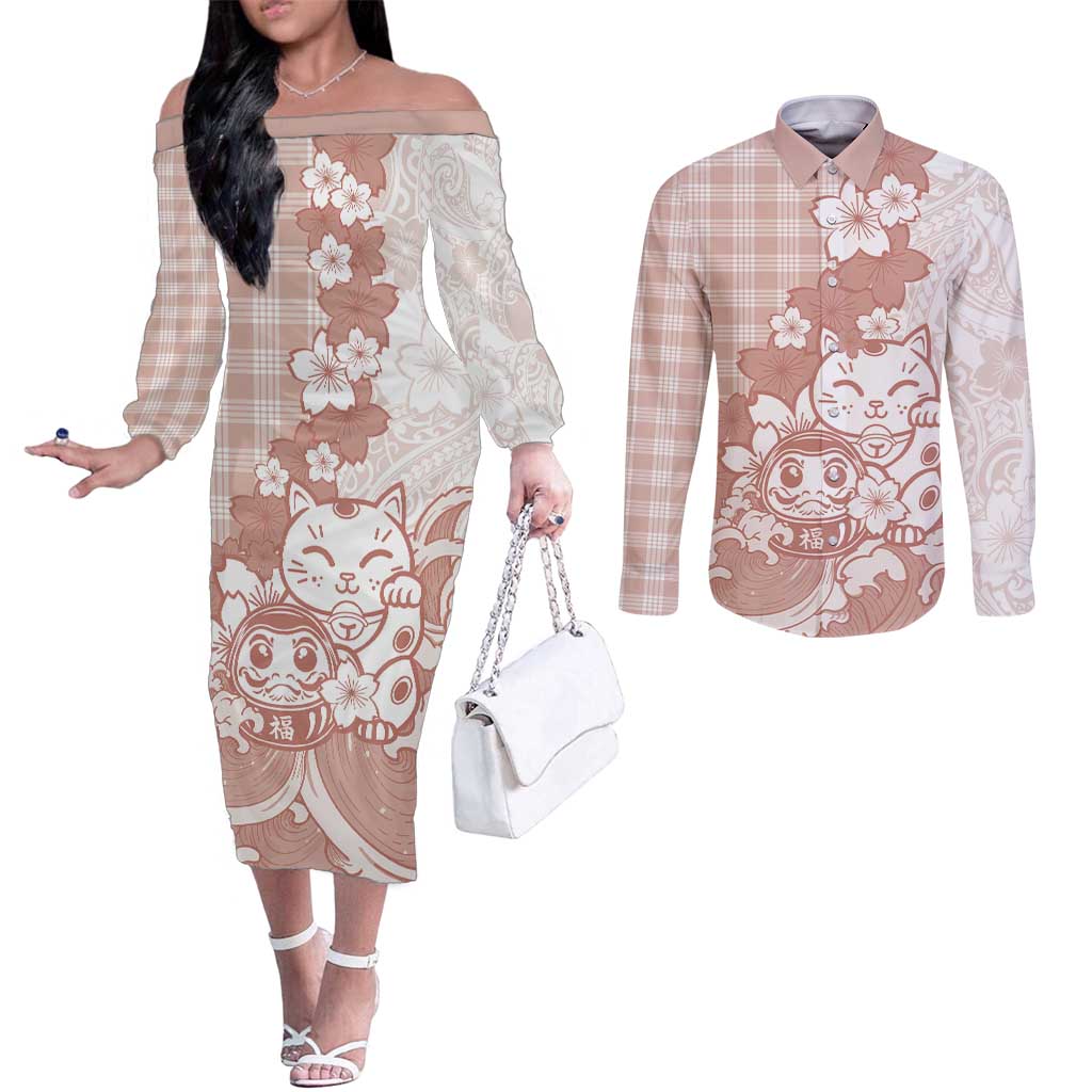 Beige Palaka Hawaiian And Japanese Couples Matching Off The Shoulder Long Sleeve Dress and Long Sleeve Button Shirt Maneki Neko And Sakura Bloom DT05 Beige - Polynesian Pride