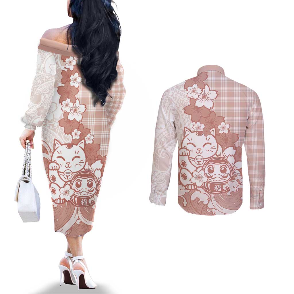 Beige Palaka Hawaiian And Japanese Couples Matching Off The Shoulder Long Sleeve Dress and Long Sleeve Button Shirt Maneki Neko And Sakura Bloom DT05 - Polynesian Pride