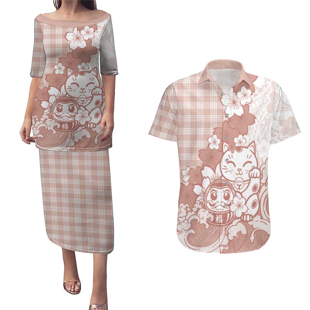 Beige Palaka Hawaiian And Japanese Couples Matching Puletasi and Hawaiian Shirt Maneki Neko And Sakura Bloom DT05 Beige - Polynesian Pride