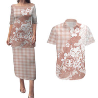Beige Palaka Hawaiian And Japanese Couples Matching Puletasi and Hawaiian Shirt Maneki Neko And Sakura Bloom DT05 Beige - Polynesian Pride