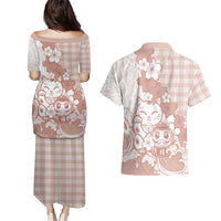 Beige Palaka Hawaiian And Japanese Couples Matching Puletasi and Hawaiian Shirt Maneki Neko And Sakura Bloom DT05 - Polynesian Pride