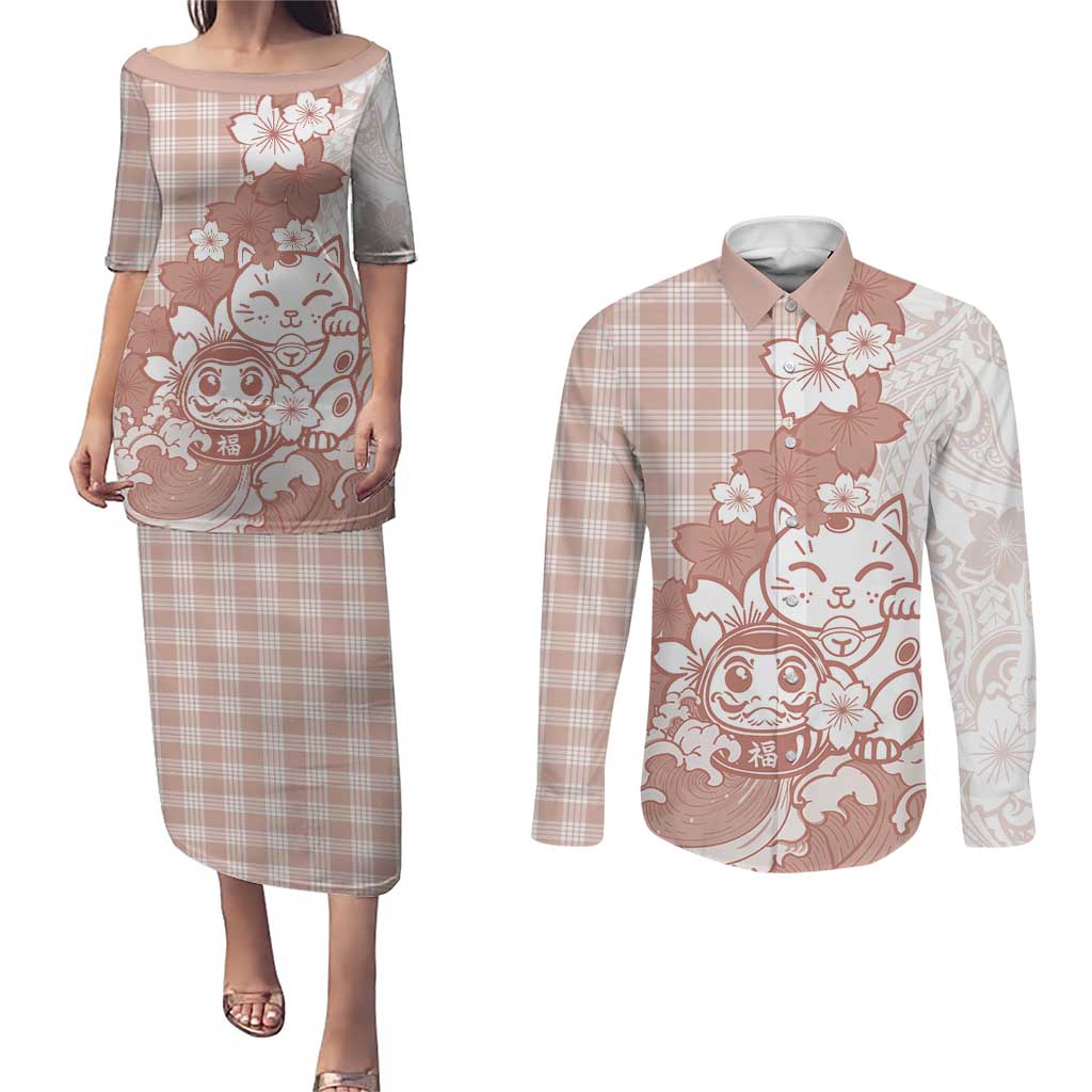 Beige Palaka Hawaiian And Japanese Couples Matching Puletasi and Long Sleeve Button Shirt Maneki Neko And Sakura Bloom DT05 Beige - Polynesian Pride