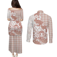 Beige Palaka Hawaiian And Japanese Couples Matching Puletasi and Long Sleeve Button Shirt Maneki Neko And Sakura Bloom