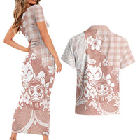 Beige Palaka Hawaiian And Japanese Couples Matching Short Sleeve Bodycon Dress and Hawaiian Shirt Maneki Neko And Sakura Bloom DT05 - Polynesian Pride