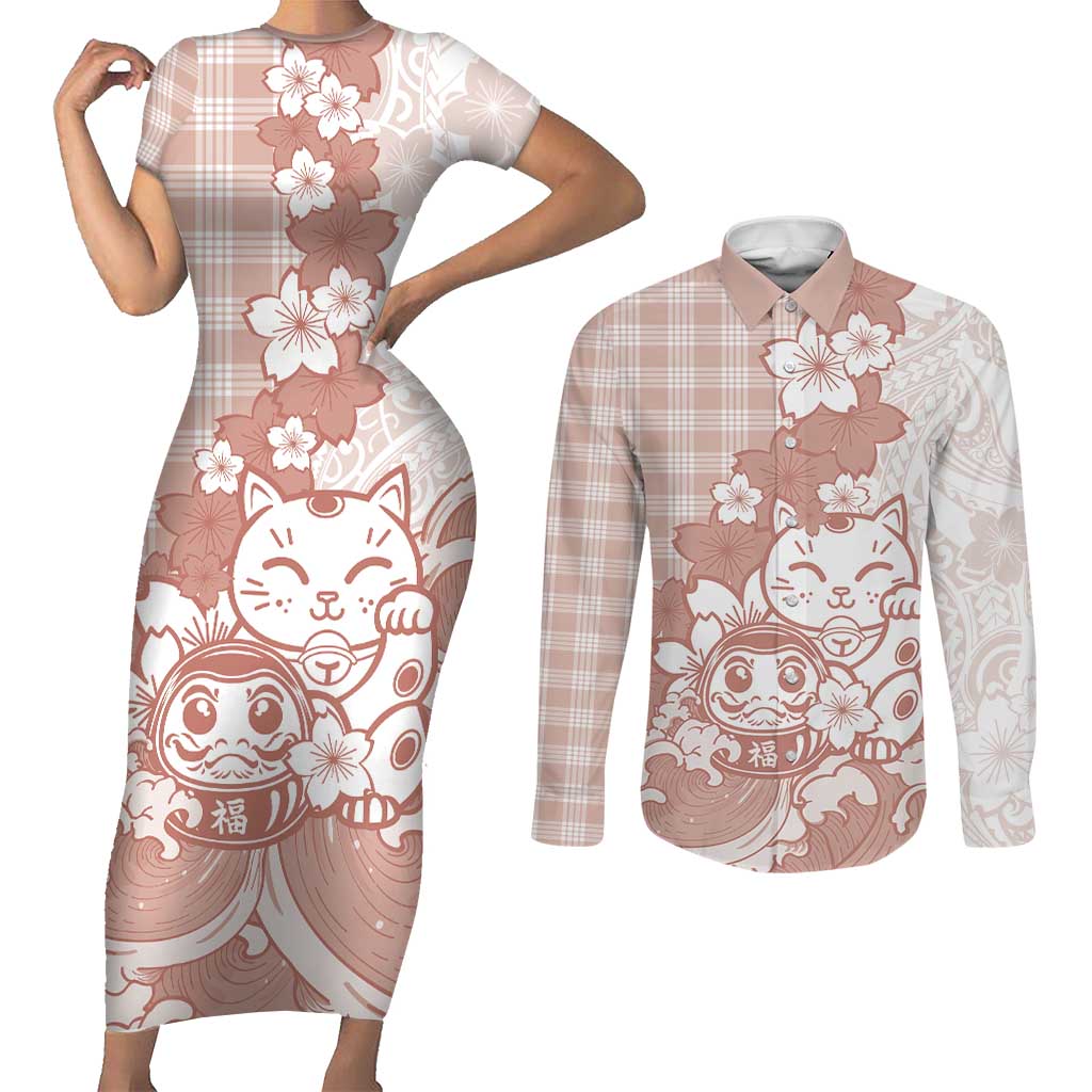 Beige Palaka Hawaiian And Japanese Couples Matching Short Sleeve Bodycon Dress and Long Sleeve Button Shirt Maneki Neko And Sakura Bloom DT05 Beige - Polynesian Pride