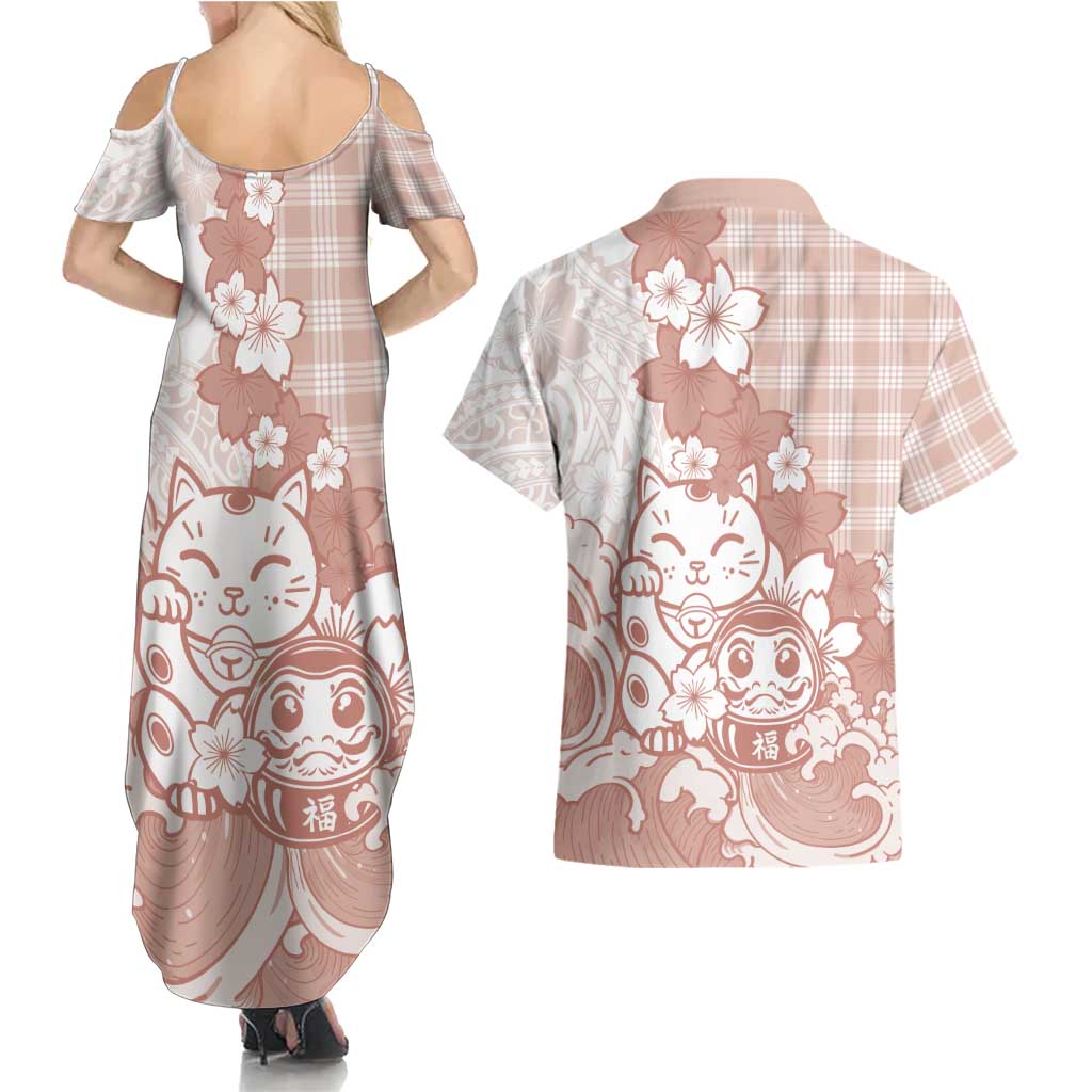Beige Palaka Hawaiian And Japanese Couples Matching Summer Maxi Dress and Hawaiian Shirt Maneki Neko And Sakura Bloom DT05 - Polynesian Pride