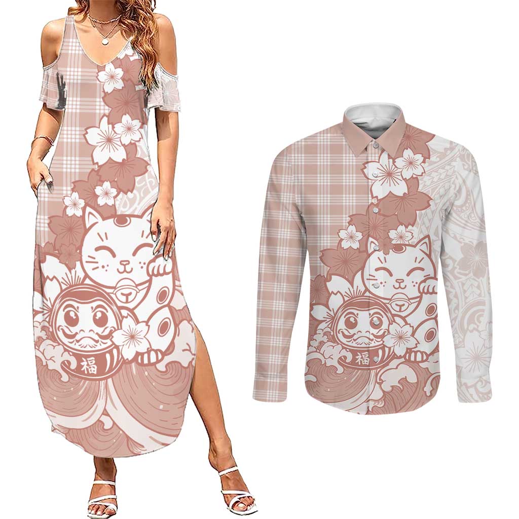 Beige Palaka Hawaiian And Japanese Couples Matching Summer Maxi Dress and Long Sleeve Button Shirt Maneki Neko And Sakura Bloom DT05 Beige - Polynesian Pride