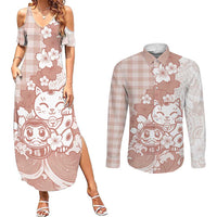 Beige Palaka Hawaiian And Japanese Couples Matching Summer Maxi Dress and Long Sleeve Button Shirt Maneki Neko And Sakura Bloom DT05 Beige - Polynesian Pride