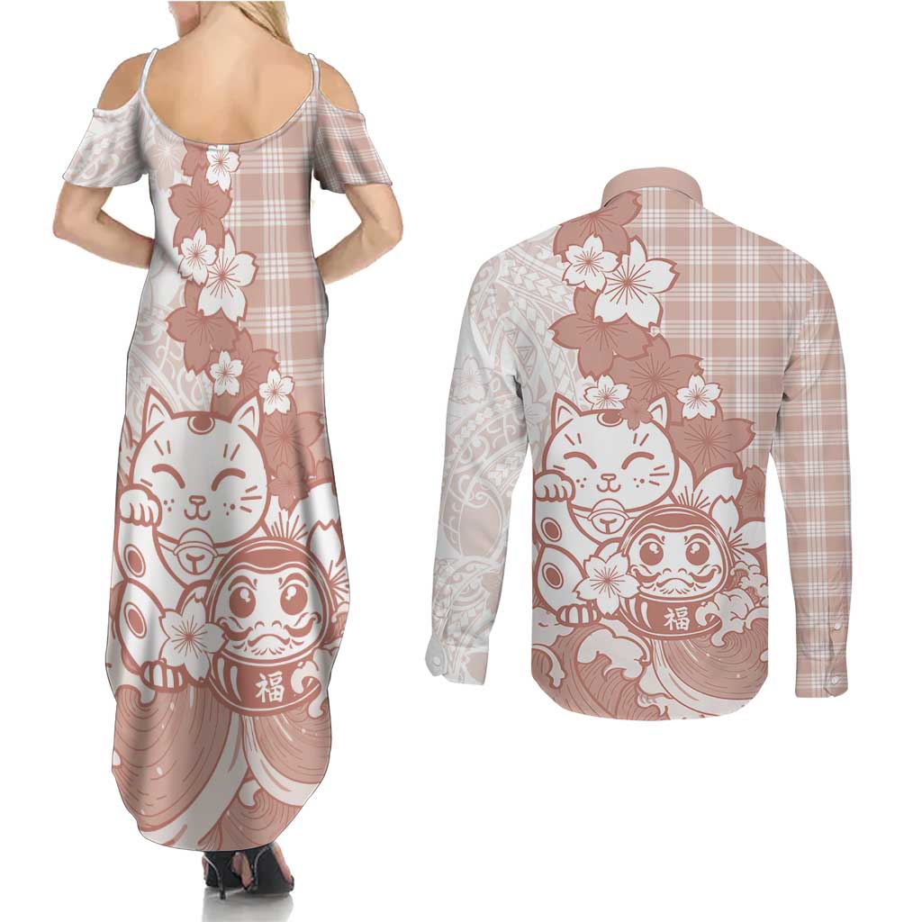 Beige Palaka Hawaiian And Japanese Couples Matching Summer Maxi Dress and Long Sleeve Button Shirt Maneki Neko And Sakura Bloom DT05 - Polynesian Pride