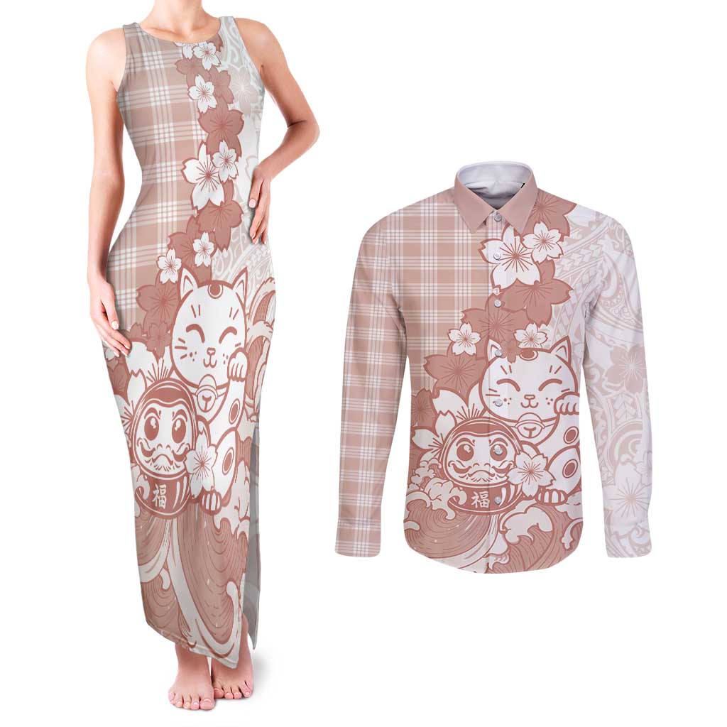 Beige Palaka Hawaiian And Japanese Couples Matching Tank Maxi Dress and Long Sleeve Button Shirt Maneki Neko And Sakura Bloom DT05 Beige - Polynesian Pride