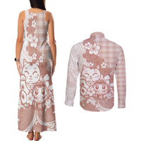 Beige Palaka Hawaiian And Japanese Couples Matching Tank Maxi Dress and Long Sleeve Button Shirt Maneki Neko And Sakura Bloom DT05 - Polynesian Pride