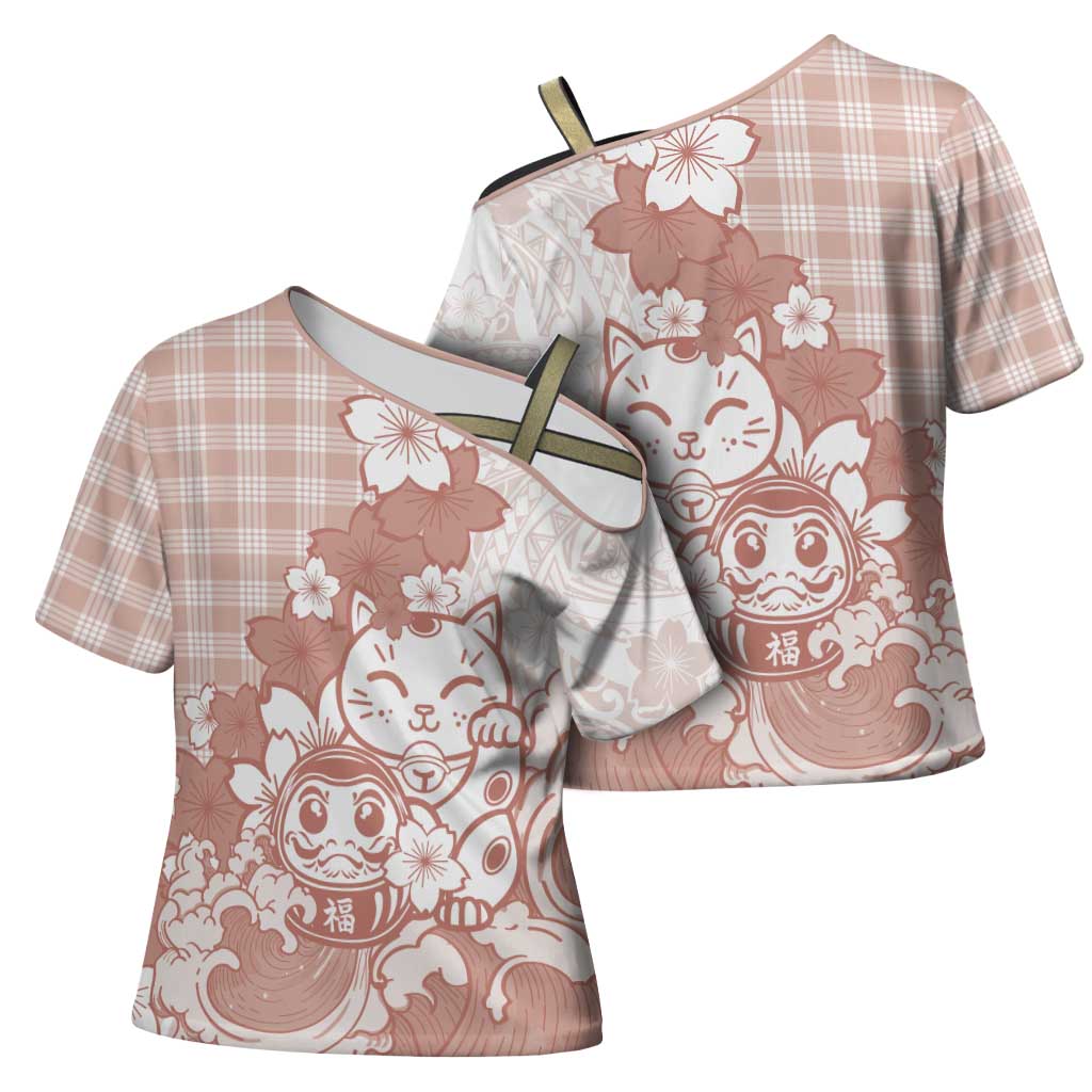 Beige Palaka Hawaiian And Japanese Cross Shoulder Shirt Maneki Neko And Sakura Bloom