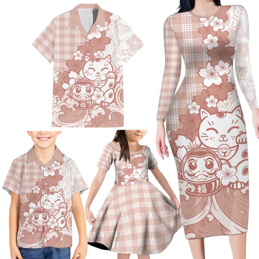 Beige Palaka Hawaiian And Japanese Family Matching Long Sleeve Bodycon Dress and Hawaiian Shirt Maneki Neko And Sakura Bloom DT05 - Polynesian Pride