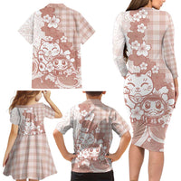 Beige Palaka Hawaiian And Japanese Family Matching Long Sleeve Bodycon Dress and Hawaiian Shirt Maneki Neko And Sakura Bloom DT05 - Polynesian Pride