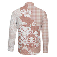 Beige Palaka Hawaiian And Japanese Family Matching Long Sleeve Bodycon Dress and Hawaiian Shirt Maneki Neko And Sakura Bloom DT05 - Polynesian Pride
