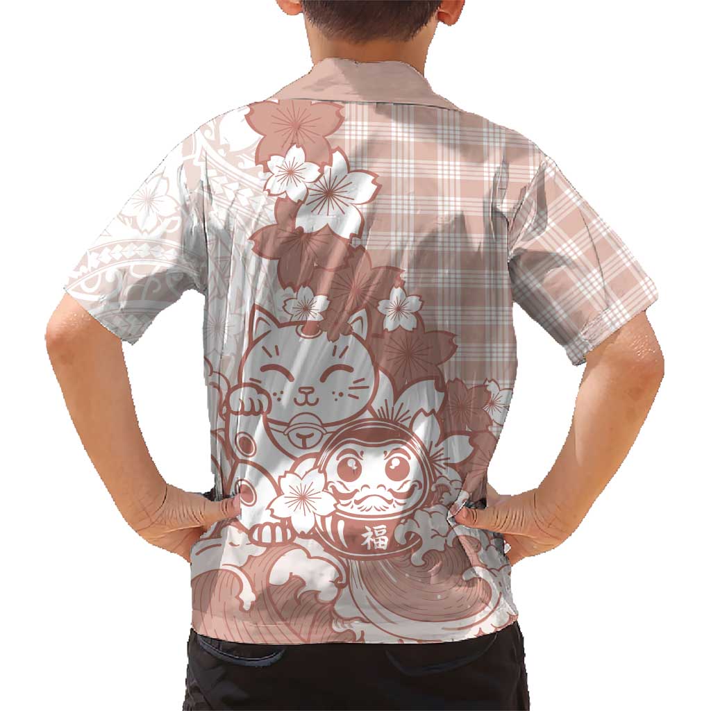 Beige Palaka Hawaiian And Japanese Family Matching Mermaid Dress and Hawaiian Shirt Maneki Neko And Sakura Bloom DT05 - Polynesian Pride