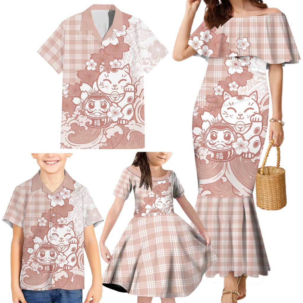 Beige Palaka Hawaiian And Japanese Family Matching Mermaid Dress and Hawaiian Shirt Maneki Neko And Sakura Bloom DT05 - Polynesian Pride