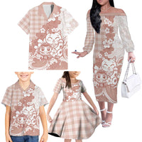 Beige Palaka Hawaiian And Japanese Family Matching Off The Shoulder Long Sleeve Dress and Hawaiian Shirt Maneki Neko And Sakura Bloom DT05 - Polynesian Pride