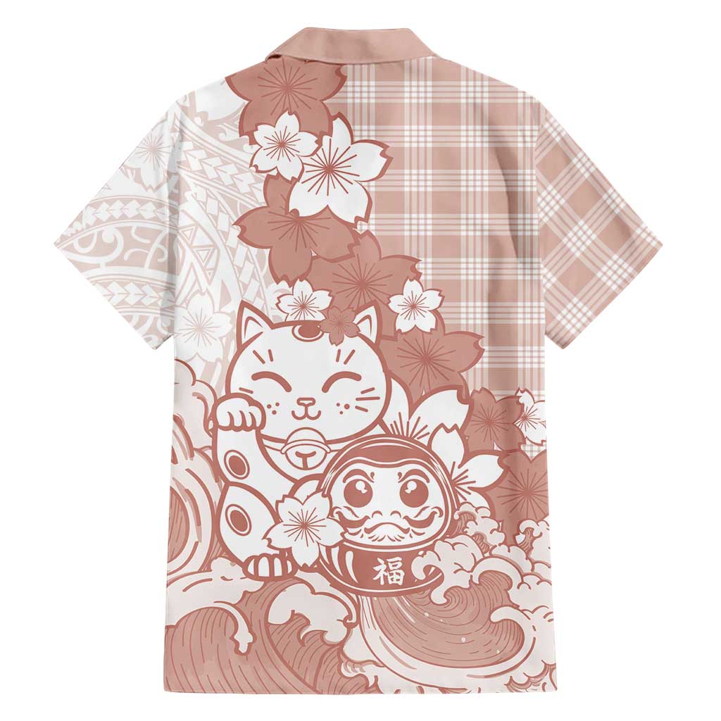 Beige Palaka Hawaiian And Japanese Family Matching Off The Shoulder Long Sleeve Dress and Hawaiian Shirt Maneki Neko And Sakura Bloom DT05 - Polynesian Pride