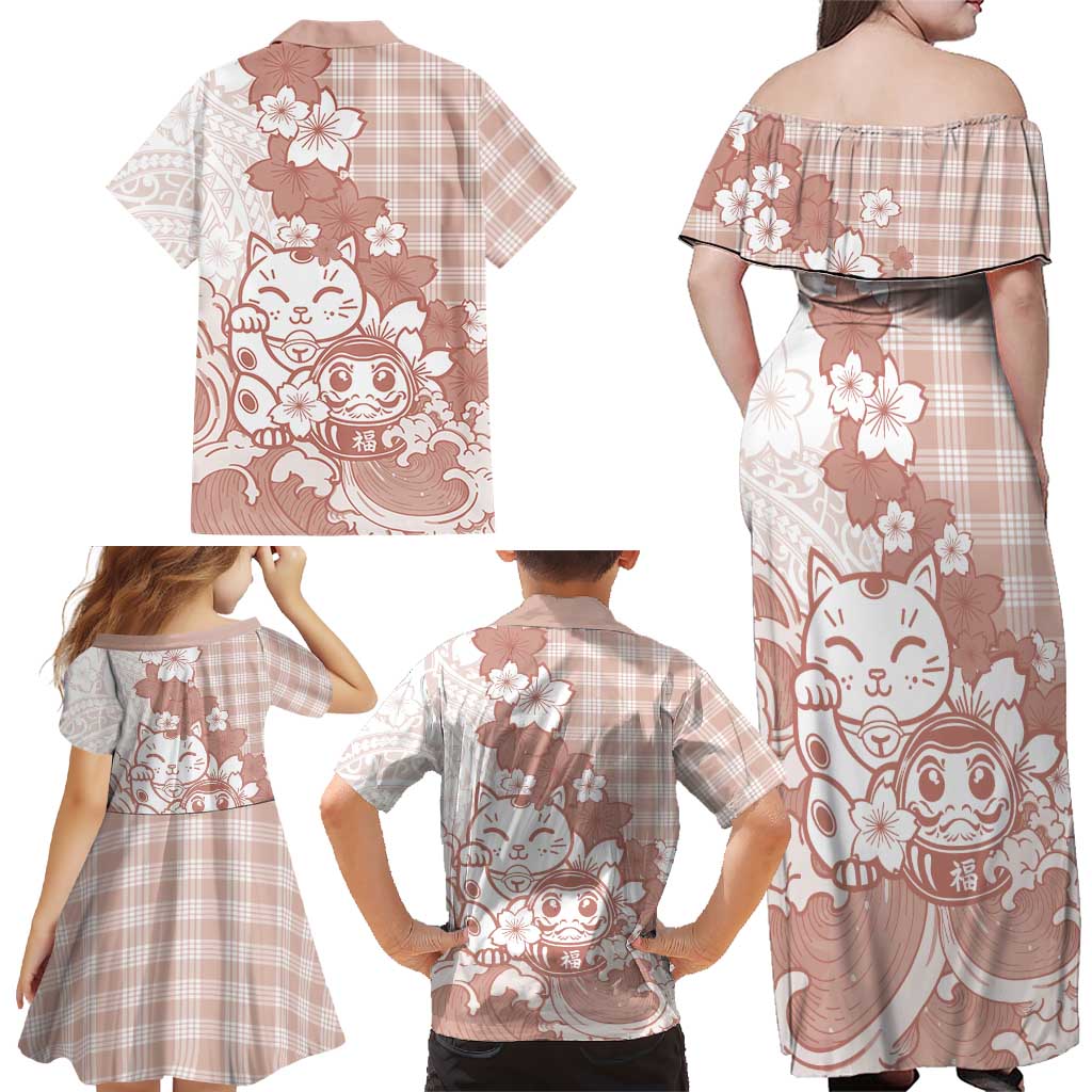 Beige Palaka Hawaiian And Japanese Family Matching Off Shoulder Maxi Dress and Hawaiian Shirt Maneki Neko And Sakura Bloom DT05 - Polynesian Pride
