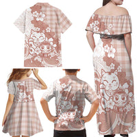 Beige Palaka Hawaiian And Japanese Family Matching Off Shoulder Maxi Dress and Hawaiian Shirt Maneki Neko And Sakura Bloom DT05 - Polynesian Pride