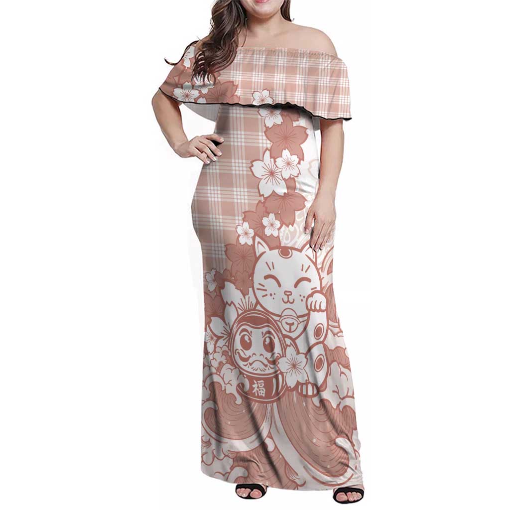 Beige Palaka Hawaiian And Japanese Family Matching Off Shoulder Maxi Dress and Hawaiian Shirt Maneki Neko And Sakura Bloom DT05 Mom's Dress Beige - Polynesian Pride