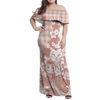 Beige Palaka Hawaiian And Japanese Family Matching Off Shoulder Maxi Dress and Hawaiian Shirt Maneki Neko And Sakura Bloom DT05 Mom's Dress Beige - Polynesian Pride