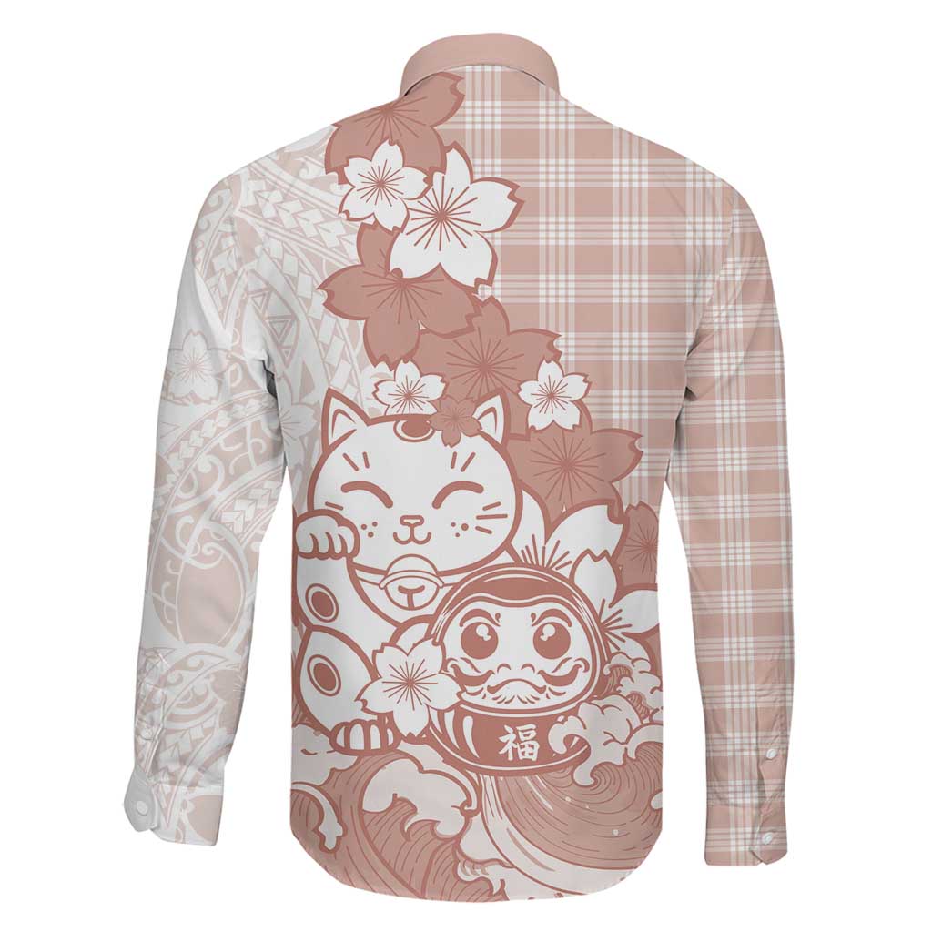 Beige Palaka Hawaiian And Japanese Family Matching Off Shoulder Short Dress and Hawaiian Shirt Maneki Neko And Sakura Bloom DT05 - Polynesian Pride