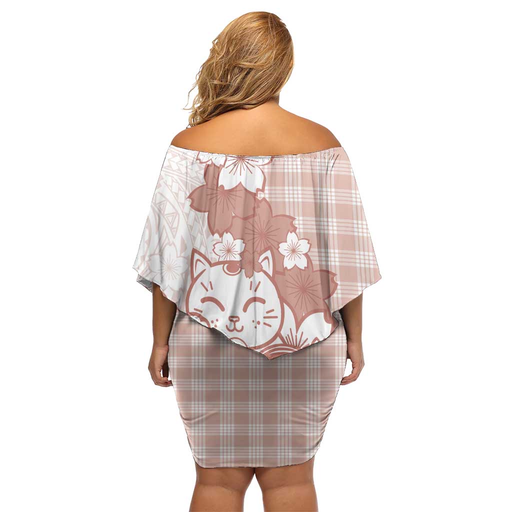 Beige Palaka Hawaiian And Japanese Family Matching Off Shoulder Short Dress and Hawaiian Shirt Maneki Neko And Sakura Bloom DT05 - Polynesian Pride