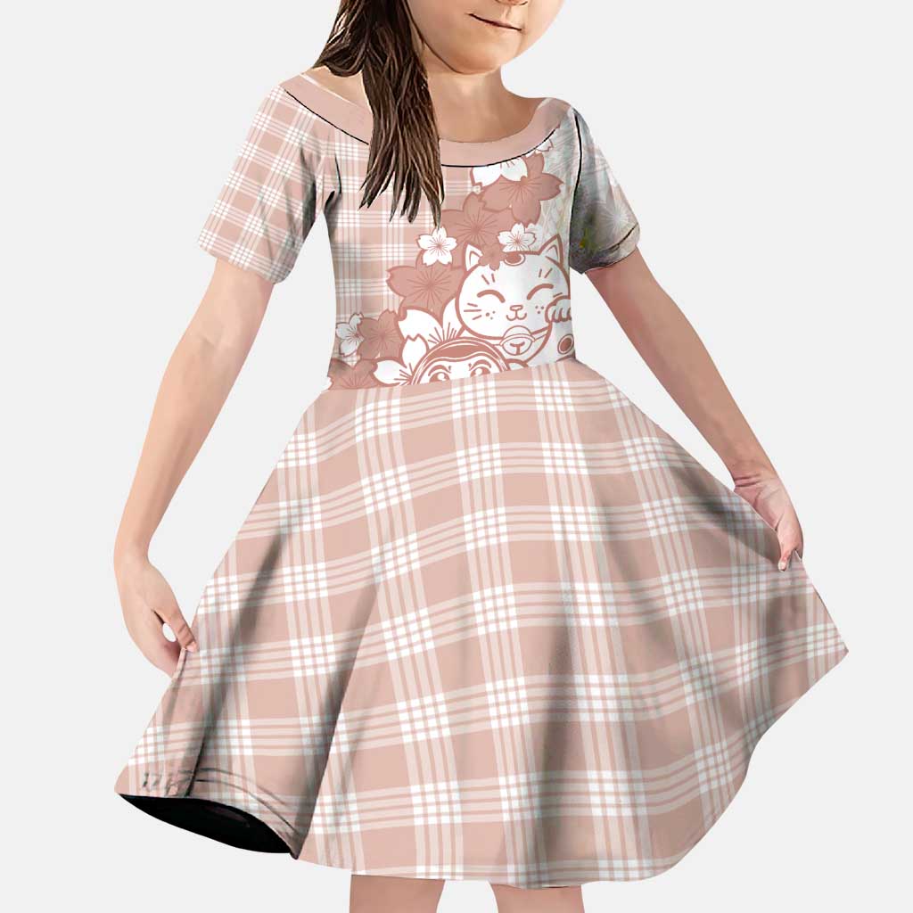 Beige Palaka Hawaiian And Japanese Family Matching Puletasi and Hawaiian Shirt Maneki Neko And Sakura Bloom DT05 Daughter's Dress Beige - Polynesian Pride