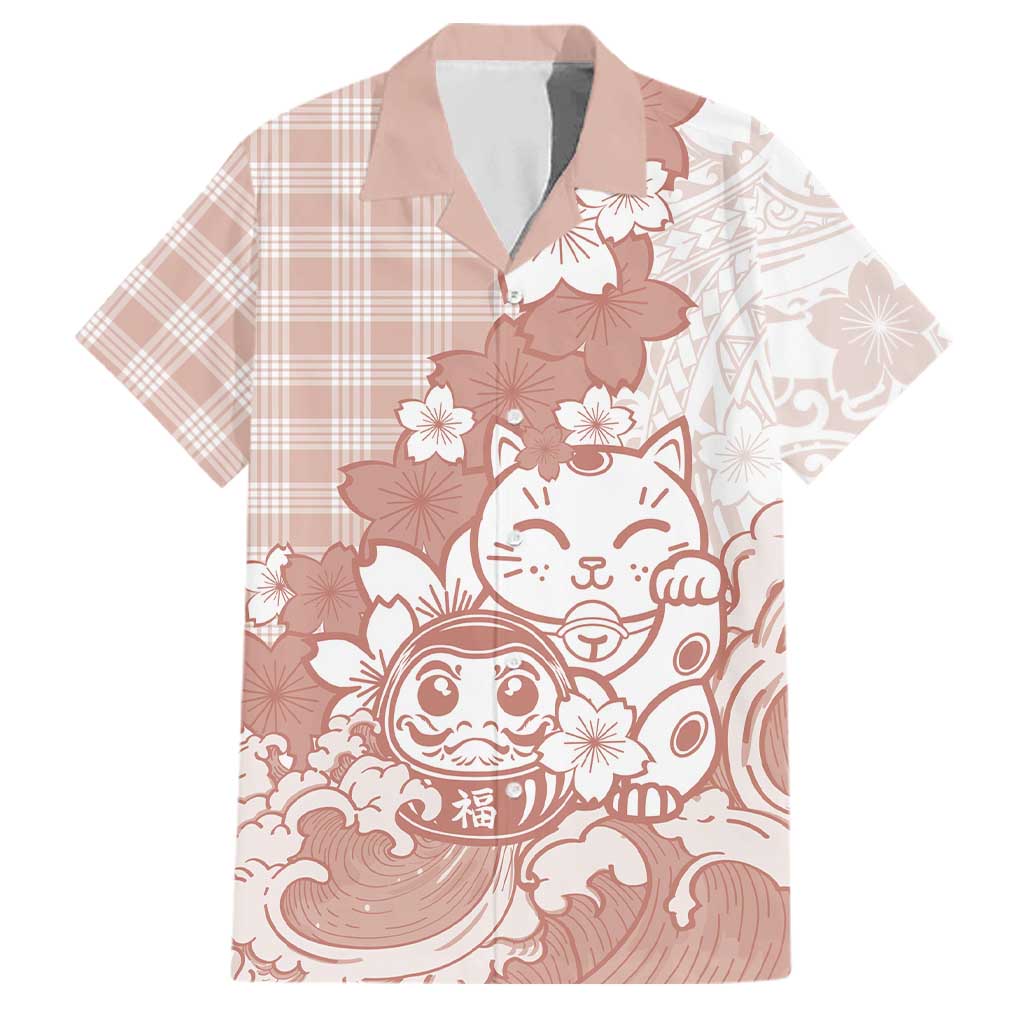 Beige Palaka Hawaiian And Japanese Family Matching Puletasi and Hawaiian Shirt Maneki Neko And Sakura Bloom DT05 Dad's Shirt - Short Sleeve Beige - Polynesian Pride