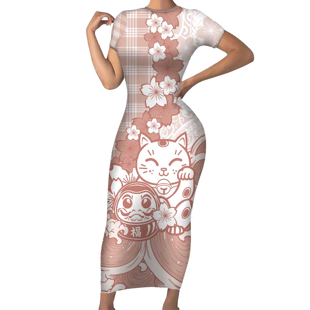 Beige Palaka Hawaiian And Japanese Family Matching Short Sleeve Bodycon Dress and Hawaiian Shirt Maneki Neko And Sakura Bloom DT05 Mom's Dress Beige - Polynesian Pride