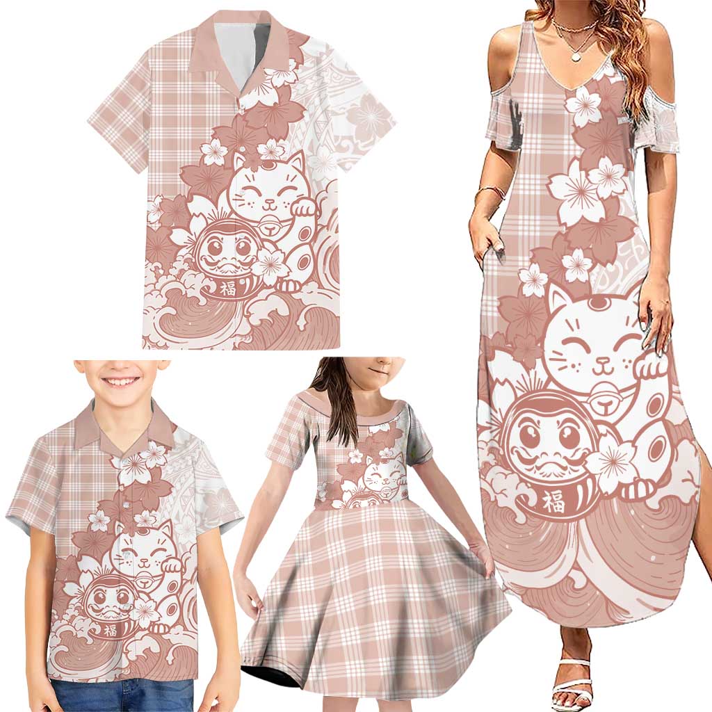 Beige Palaka Hawaiian And Japanese Family Matching Summer Maxi Dress and Hawaiian Shirt Maneki Neko And Sakura Bloom DT05 - Polynesian Pride