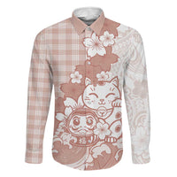 Beige Palaka Hawaiian And Japanese Family Matching Summer Maxi Dress and Hawaiian Shirt Maneki Neko And Sakura Bloom DT05 Dad's Shirt - Long Sleeve Beige - Polynesian Pride