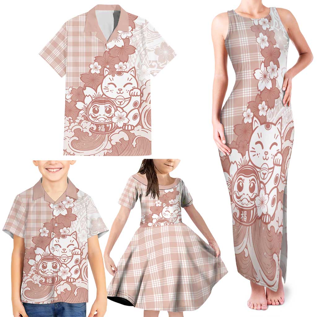 Beige Palaka Hawaiian And Japanese Family Matching Tank Maxi Dress and Hawaiian Shirt Maneki Neko And Sakura Bloom
