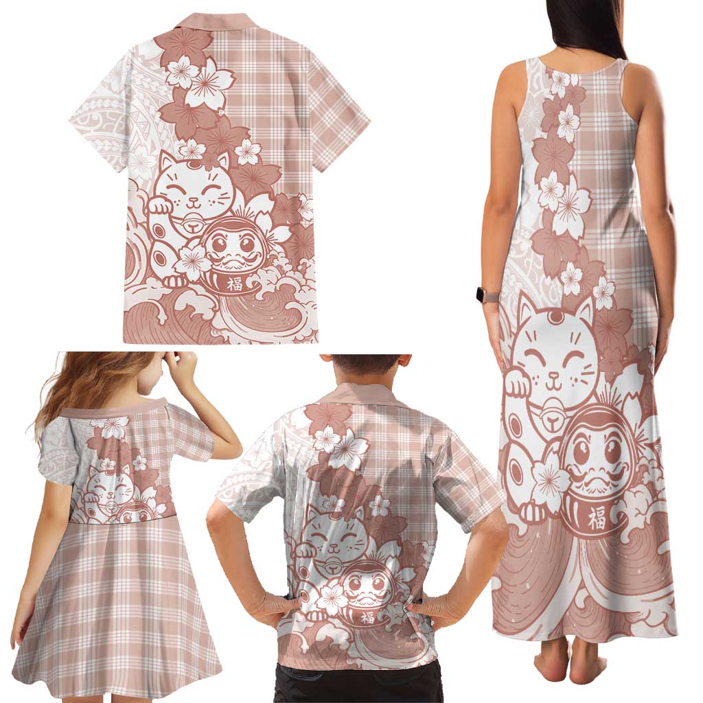 Beige Palaka Hawaiian And Japanese Family Matching Tank Maxi Dress and Hawaiian Shirt Maneki Neko And Sakura Bloom DT05 - Polynesian Pride