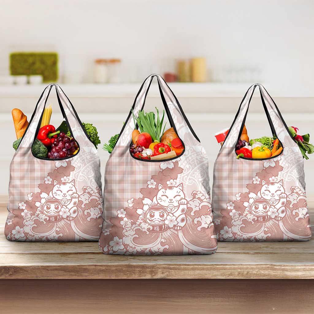 Beige Palaka Hawaiian And Japanese Grocery Bag Maneki Neko And Sakura Bloom DT05 3-pack One Size Beige - Polynesian Pride