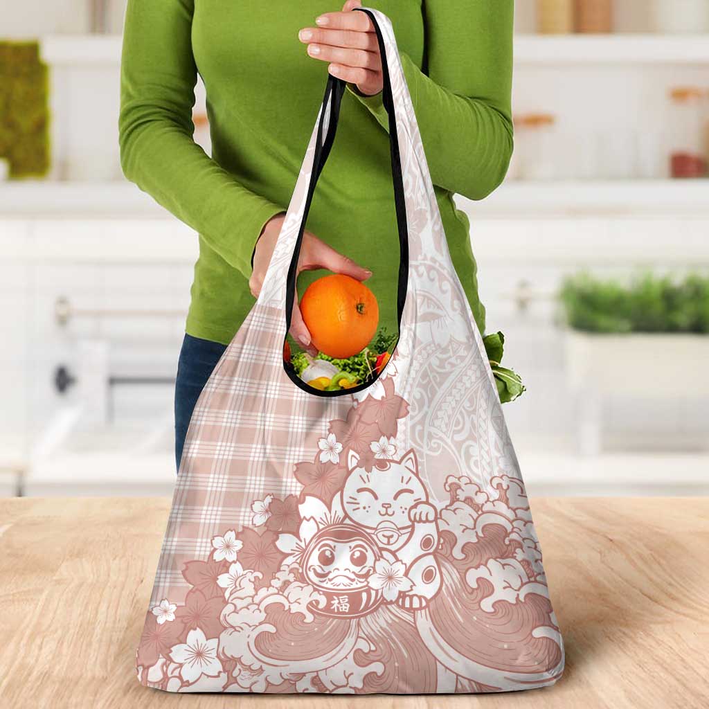 Beige Palaka Hawaiian And Japanese Grocery Bag Maneki Neko And Sakura Bloom DT05 - Polynesian Pride