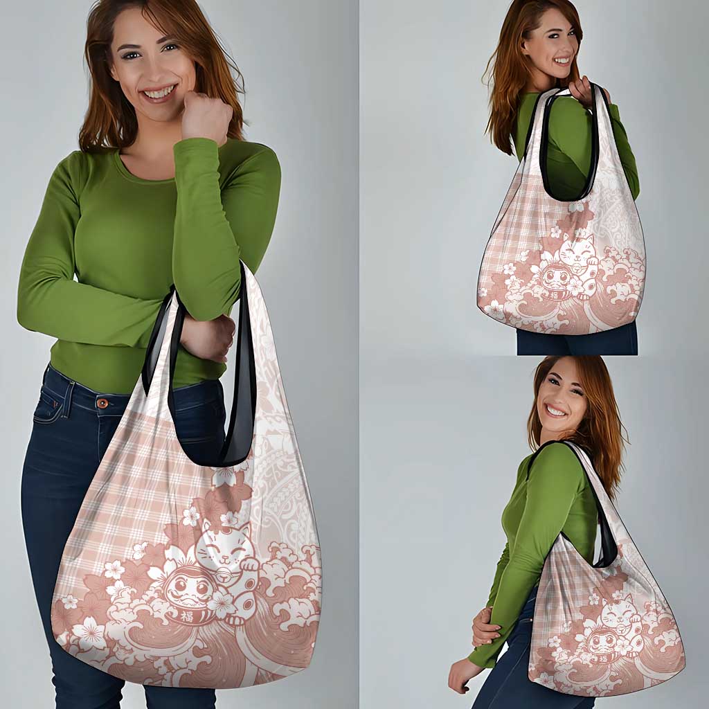 Beige Palaka Hawaiian And Japanese Grocery Bag Maneki Neko And Sakura Bloom DT05 - Polynesian Pride