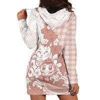 Beige Palaka Hawaiian And Japanese Hoodie Dress Maneki Neko And Sakura Bloom DT05 - Polynesian Pride