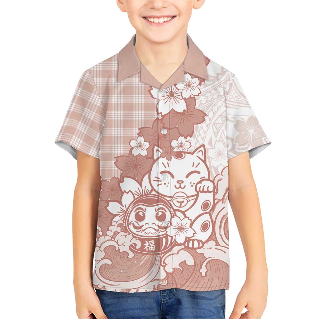 Beige Palaka Hawaiian And Japanese Kid Hawaiian Shirt Maneki Neko And Sakura Bloom DT05 Kid Beige - Polynesian Pride